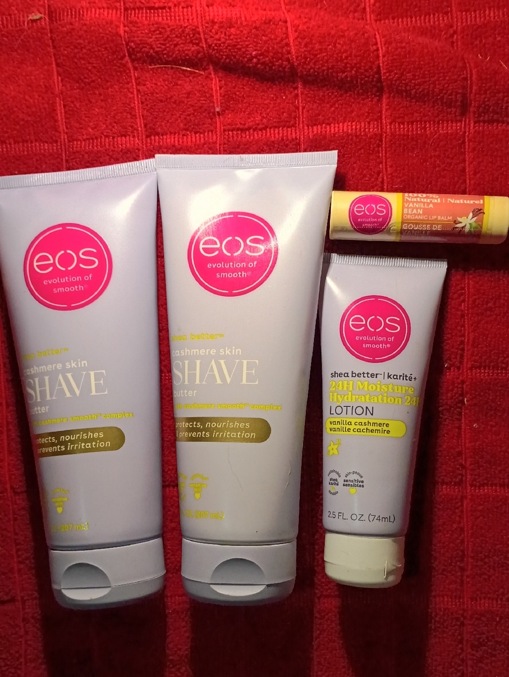 EOS CASHMERE (2) SHAVE BUTTER & HAND CREAM & (1) VANILLA BEAN LIP BALM